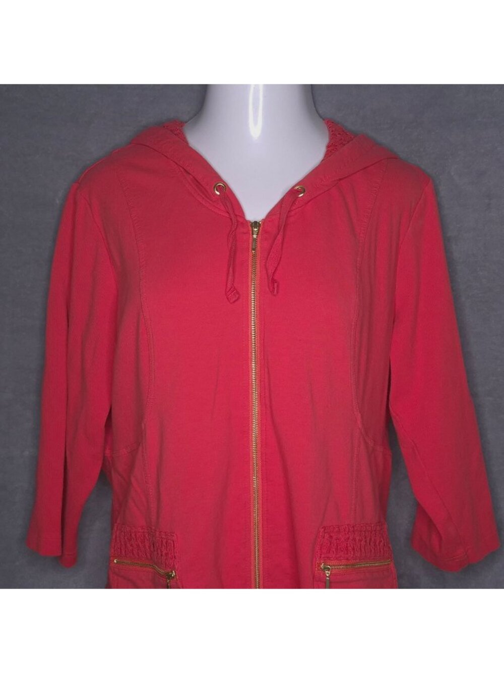 Zenergy By Chicos Coral Hooded Zip-Up Jacket XL (3) 3/4 Sleeves & Lace Detail